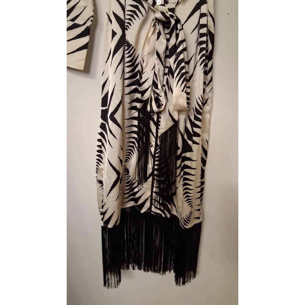 Women's Animal Print Zebra Belted Dress‎ M Long Sleeve Maxi Fringe Tassel NWT - Picture 5 of 8